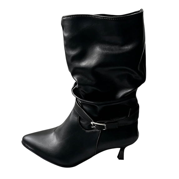 Women's Faux Leather Under Knee High Boots Pull On Soft Slouchy Mid Calf Boots Pointed Toe High Heel Mid Boots Size 36-42 Black
