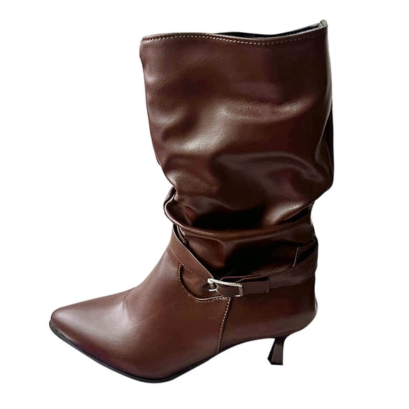 Women's Faux Leather Under Knee High Boots Pull On Soft Slouchy Mid Calf Boots Pointed Toe High Heel Mid Boots Size 36-42 Brown