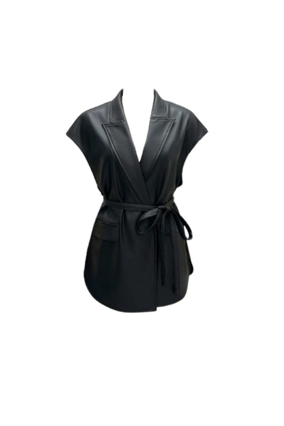 Women's Faux Leather Vest Sleeveless PU Jackets Notch Lapel Belted Blazer Black XXXXS