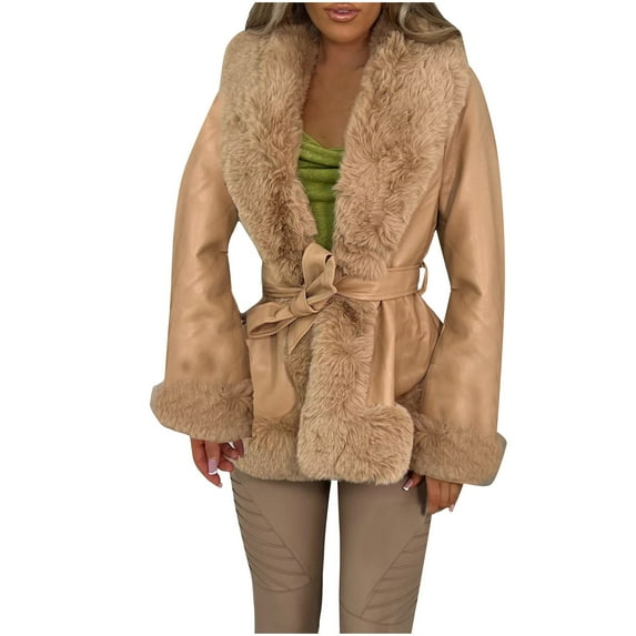 Women's Faux Leather Winter Coats Vintage Collar Long Sleeve Parka Warm Plush Coat with Belt Y2k Open Front Faux Fur Cardigan Jacket Outwear