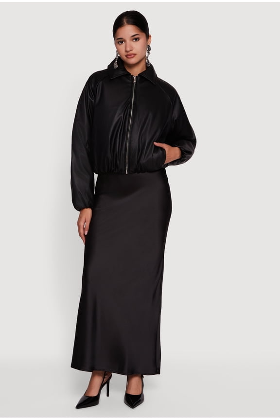 Women's Faux Leather Zip Front Bubble Hem Jacket