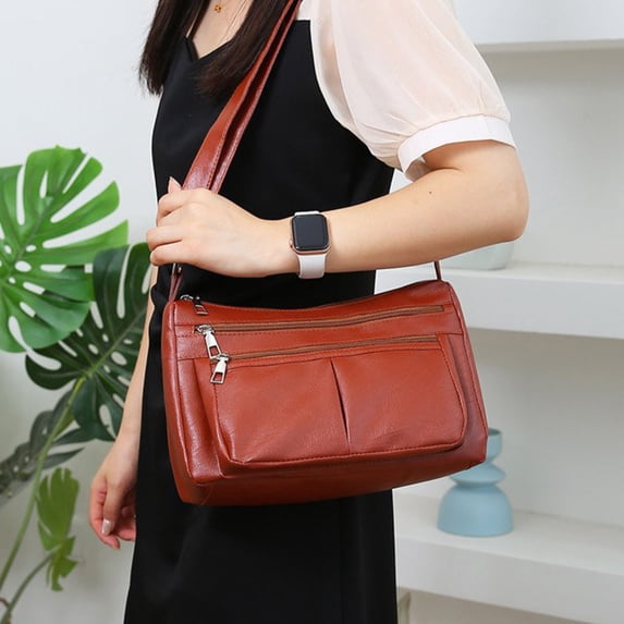 Women's Faux Leather Zipper Crossbody Bag with Wide Shoulder Strap, Multi-Pocket Cell Phone Wallet Purse, Adjustable Strap, Lightweight Daily Shoulder Bag, Brown/Gray/Red