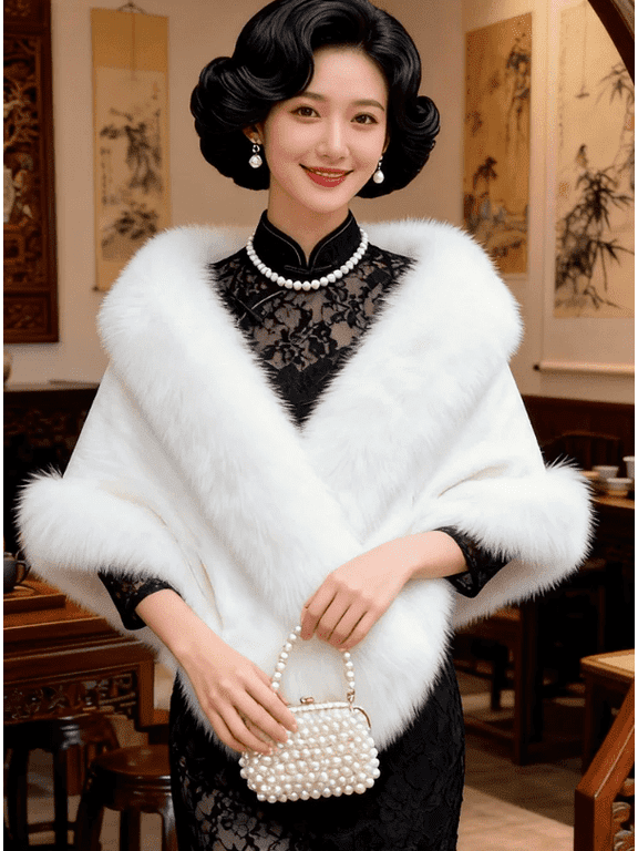 Women’s Faux Mink Fur Shawl Wrap, Luxury Fluffy Faux Fox Fur Trim Cape, Warm Formal Evening Stole for Wedding Cheongsam Party