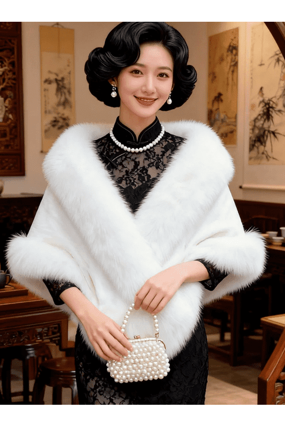 Women’s Faux Mink Fur Shawl Wrap, Luxury Fluffy Faux Fox Fur Trim Cape, Warm Formal Evening Stole for Wedding Cheongsam Party
