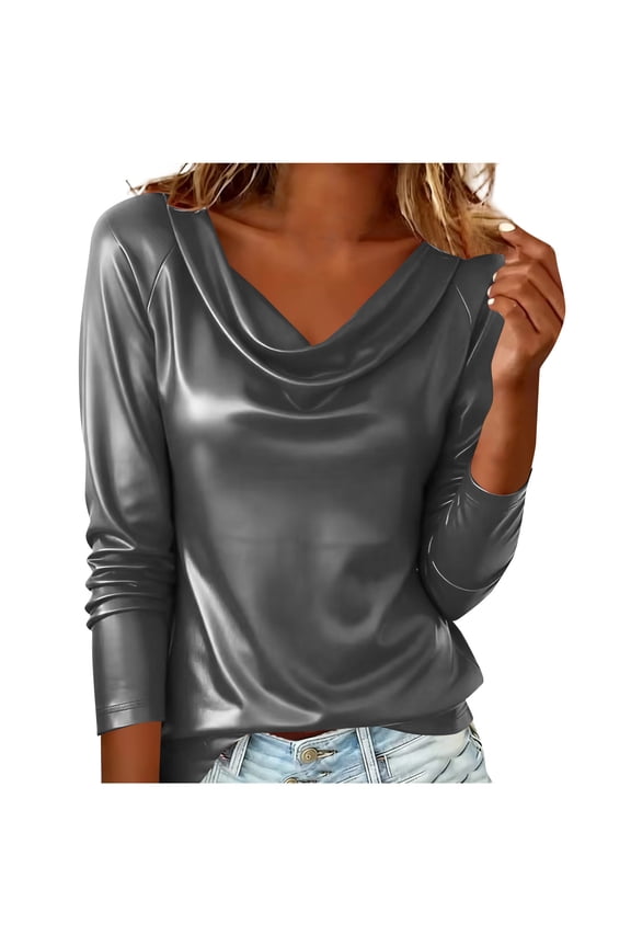 Women's Faux PU Leather Draped Cowl Neck Ruched Long Sleeve Tops Dressy Casual Going Out Shirt Work Business Blouse
