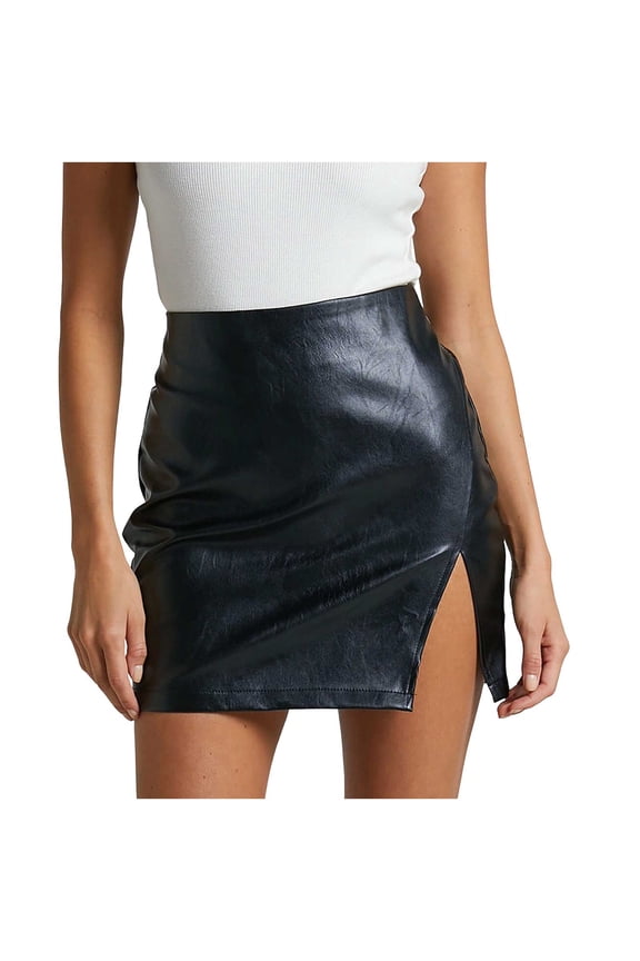 Women's Faux PU Leather High Waist Tummy Control Bodycon Mini Skirt with Slit Casual Club Date Night Pencil Skirt,Black,L