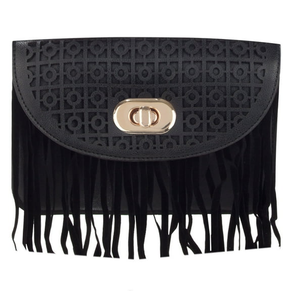 Women's Faux Patent Leather Fringe Crossbody Purse with Detachable Vegan Leather Strap