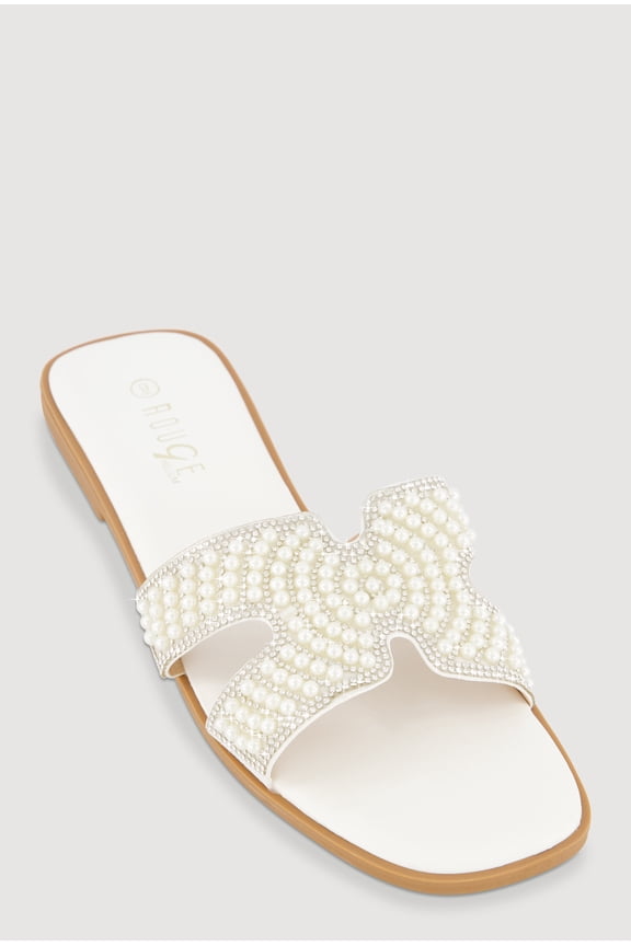 Women's Faux Pearl H Band Slide Sandals with Rhinestones
