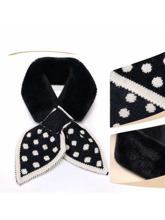 Women's Faux Rabbit Fur Cross Neck Warmer with Polka Dot Knit Tail Thick Warm Winter Plush Scarf