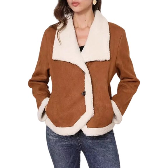 Women's Faux Shearing Fur Winter Coat Warm Thick Fur Lined Faux Leather Jacket Brown S