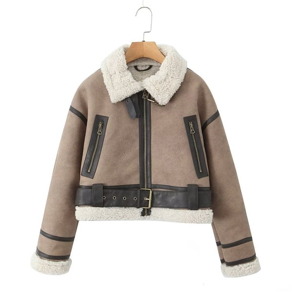 Women's Faux Shearing Moto Jacket Thick Lined Parka Winter Shearling Coat Leather Jacket 2467 Camel Color L