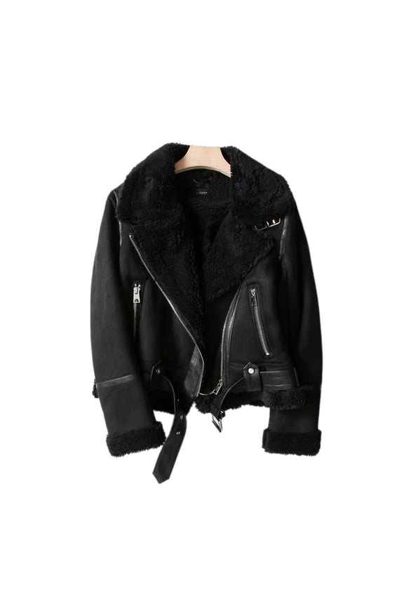 Women's Faux Shearing Moto Jacket Thick Lined Parka Winter Shearling Coat Leather Jacket Black 9111 M