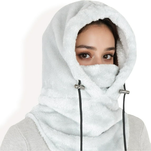 Women's Faux Shearling Hooded Scarf with Adjustable Drawstrings and Extended Neck Coverage-Light Gray