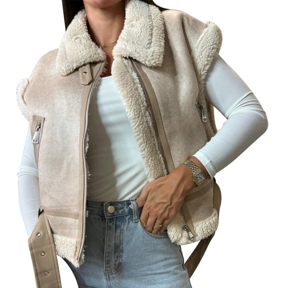 Women's Faux Shearling Vest, Solid Color Biker Style Sleeveless Jacket with Zip, Edgy Layering Piece for Fall & Winter Fashion.BeigeL