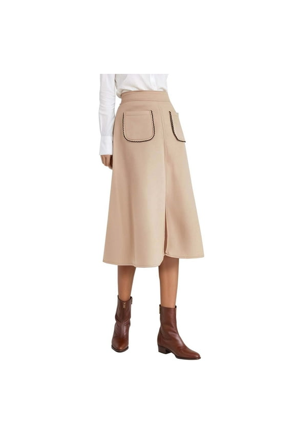 Women's Suede A-Line Midi Skirt - Elastic Waist with Front Pockets for Fall/Winter Fashion