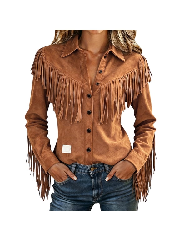 Women's Faux Suede All‑Over Long Fringe Button‑Down Western Shirt, Long Sleeve Collared V-Neck Cowgirl Blouse, Loose Vintage Tops for Festival Party Spring & Fall