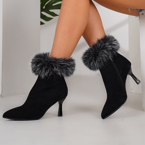 Women's Faux Suede Ankle Booties with Faux Fur Cuff, 2.95in Stiletto Heel Pointed Toe Winter Dress Boots