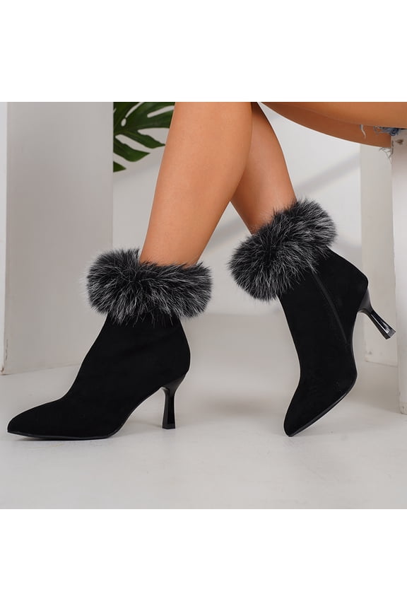 Women's Faux Suede Ankle Booties with Faux Fur Cuff, 2.95in Stiletto Heel Pointed Toe Winter Dress Boots