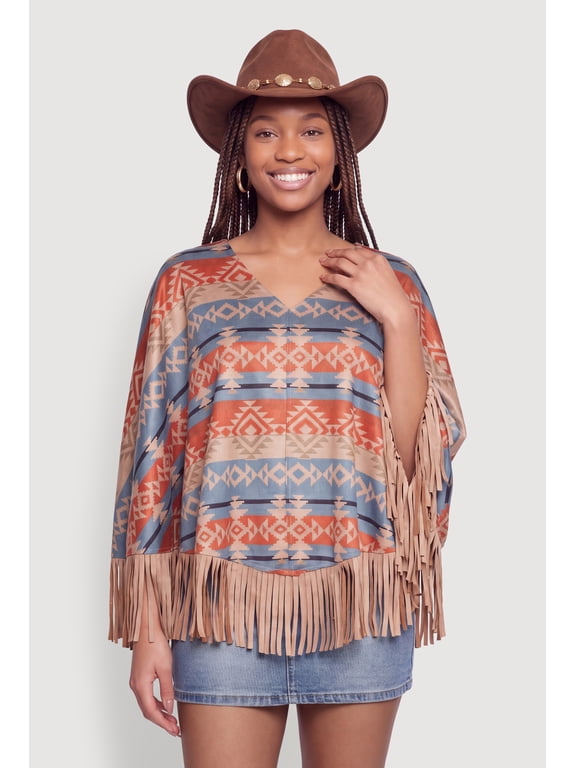 Women's Faux Suede Aztec Print Fringe Hem Poncho