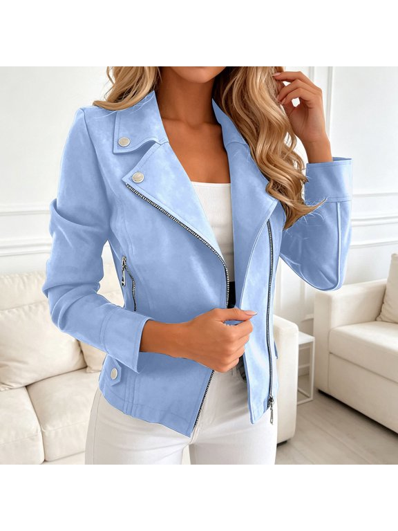 Women's Faux Suede Biker Jacket Lapel Asymmetric Zip Up Long Sleeve Slim Fit Short Moto Coat Casual Outerwear(BU2,S)