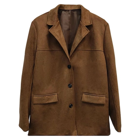 Women's Faux Suede Blazer Jacket Notched Lapel Single Breasted Faux Suede Leather Suit Jacket Brown L