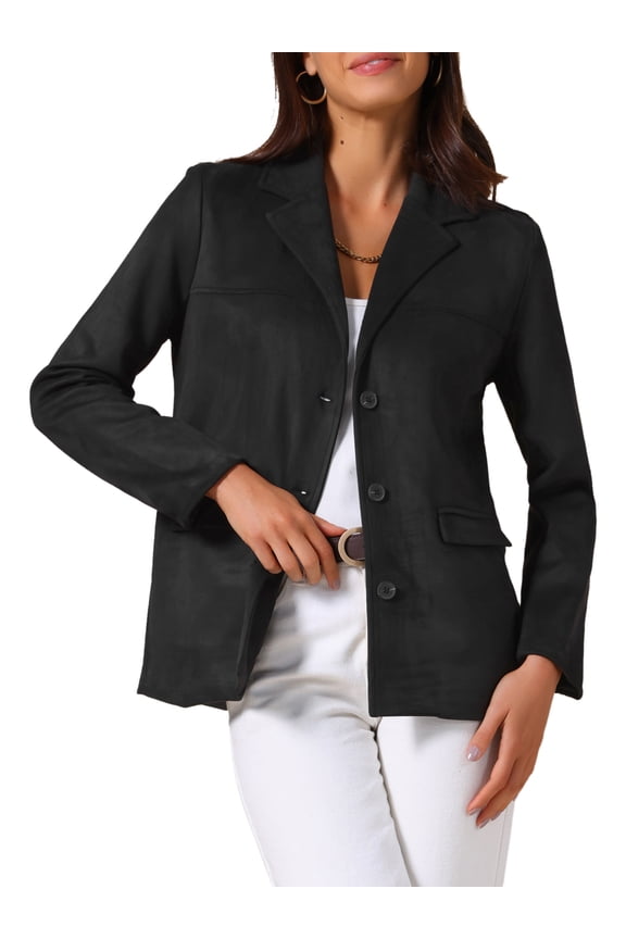 Women's Faux Suede Blazer Jacket Vintage Casual Button Down Long Sleeve Blazer with Pockets 2XL Black