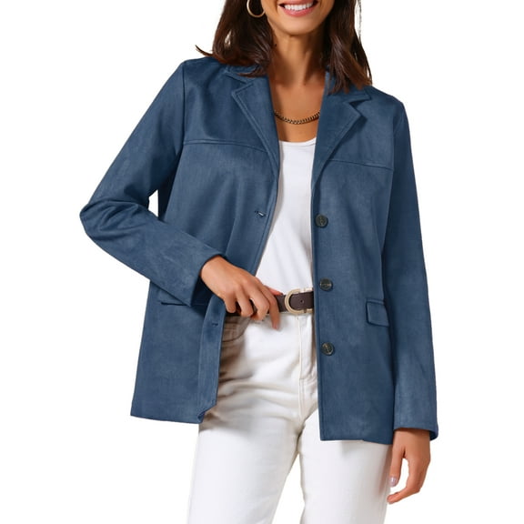 Women's Faux Suede Blazer Jacket Vintage Casual Button Down Long Sleeve Blazer with Pockets L Deep Blue