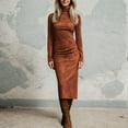 thumbnail image 1 of Women’s Faux Suede Bodycon Dress High Neck Ruched Slim Fit Vintage Midi Dress Color Brick Red Size XL, 1 of 5