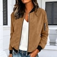 thumbnail image 1 of Women's Faux Suede Bomber Jacket Full Zip Baseball Collar Flight Jacket Long Sleeve Zip Pocket Casual Lightweight Outerwear Solid Coat Brown S, 1 of 7