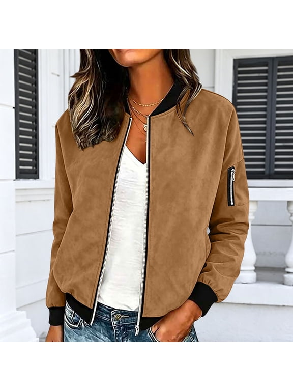 Women's Faux Suede Bomber Jacket Full Zip Baseball Collar Flight Jacket Long Sleeve Zip Pocket Casual Lightweight Outerwear Solid Coat Brown XL