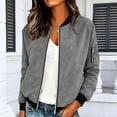 thumbnail image 1 of Women's Faux Suede Bomber Jacket Full Zip Baseball Collar Flight Jacket Long Sleeve Zip Pocket Casual Lightweight Outerwear Solid Coat Gray L, 1 of 7