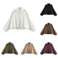 thumbnail image 1 of Women's Suede Bomber Jacket Lapel Collar Pilot Coat Oversized Motorcycle Jacket Outwear, 1 of 4