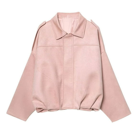 Women's Faux Suede Bomber Jacket Long Sleeve Motorcycle Fall Cropped Coat Y2k Collared Streetwear Bomber Outerwear