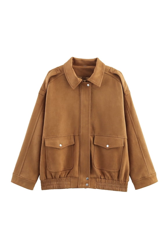 Women's Faux Suede Bomber Jacket Loose Lapel Collar Long Sleeve Coat Elastic Hem Concealed Zip Fleece Winter Outerwear (L, Khaki)