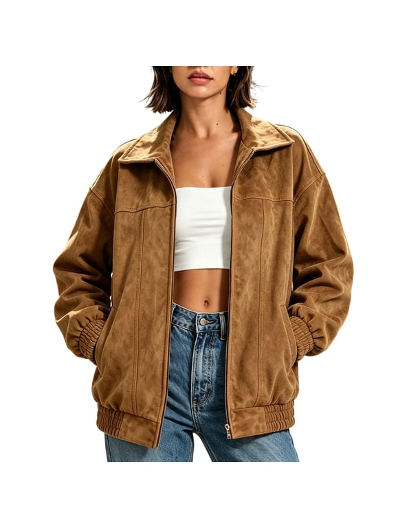 Women's Faux Suede Bomber Jacket Oversized Casual Lapel Flight Coats 2026