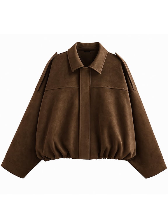 Women's Faux Suede Bomber Jacket Oversized Cropped Jacket Pilot Long Sleeve Coat