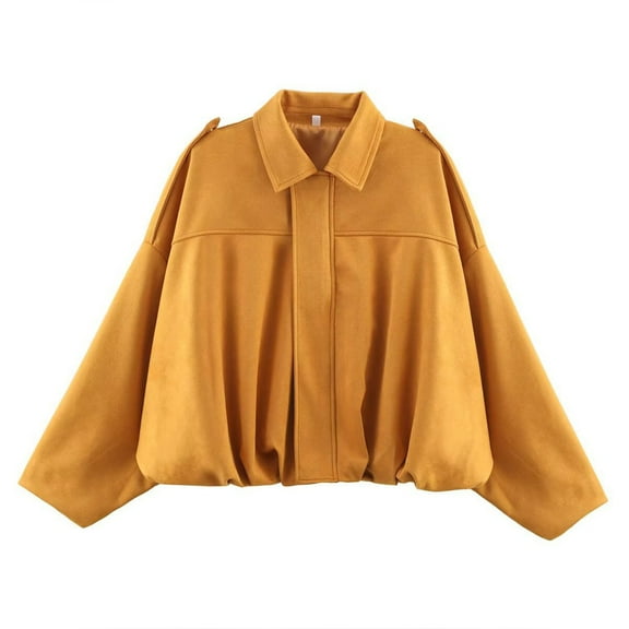 Women's Suede Bomber Jacket Pilot Coat Oversized Long Sleeves Streetwear (Orange L)