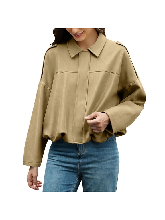 Women's Faux Suede Bomber Jacket Spring Lapel Crooped Coat Casual Oversized Long Sleeves Trendy Streetwear Outerwear