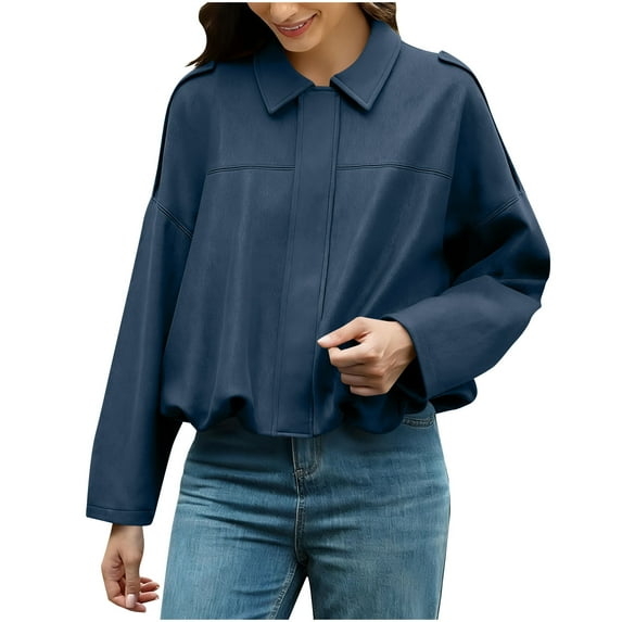 Women's Faux Suede Bomber Jacket Spring Lapel Crooped Coat Casual Oversized Long Sleeves Trendy Streetwear Outerwear