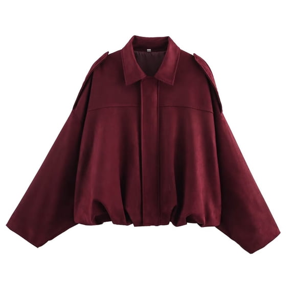 Women's Faux Suede Bomber Jacket Spring Lapel Pilot Coat Casual Oversized Long Sleeves Trendy Streetwear Outerwear Red L