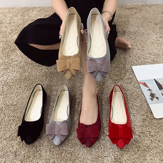 Women's Faux Suede Bow Pointed Toe Flats, Plus Size Comfortable Slip On Casual Work Shoes