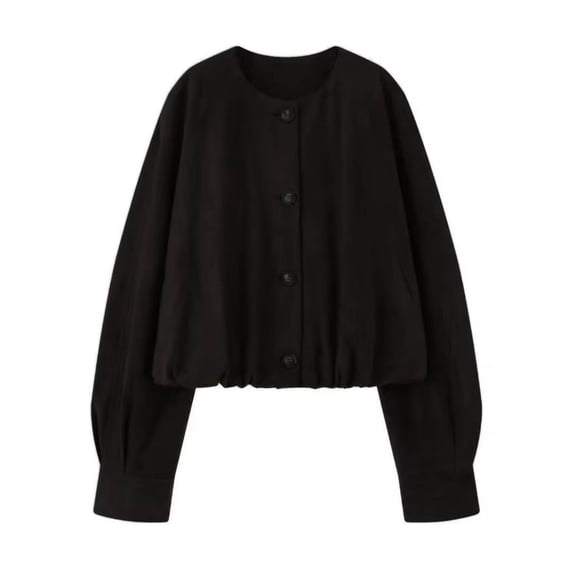 Women's Suede Button Bomber Jacket Gathered Hem Cropped Jacket (Black L)