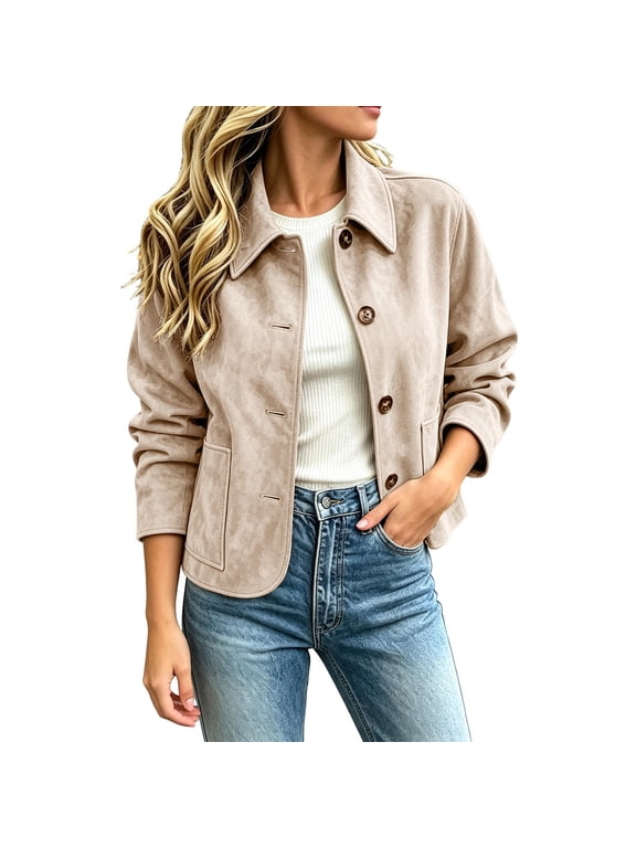Women's Faux Suede Button Down Jacket Fitted Long Sleeve Collared Coat with Pockets Casual Lightweight Outerwear for Spring Fall