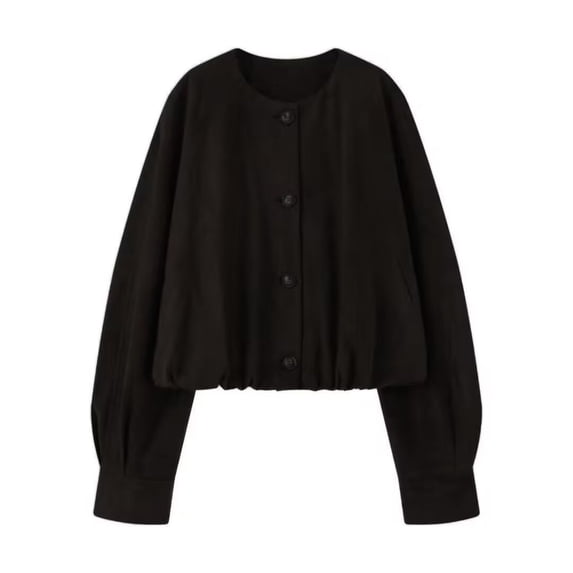 Women's Faux Suede Button Jacket Oversized Gathered Hem Short Coat Casual Loose Cropped Leather Outerwear New Black S