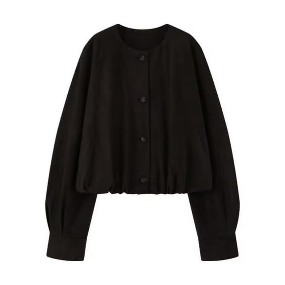 Women's Faux Suede Button Jacket Oversized Gathered Hem Short Coat Casual Loose Cropped Leather Outerwear New Black XS