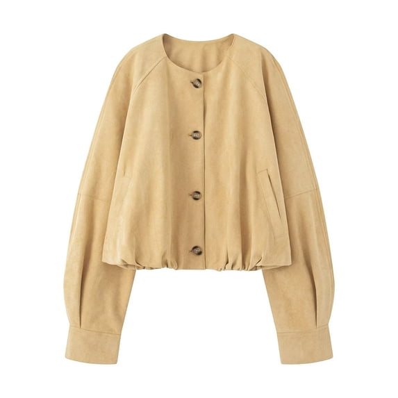 Women's Faux Suede Button Jacket Oversized Gathered Hem Short Coat Casual Loose Cropped Leather Outerwear New Yellow S
