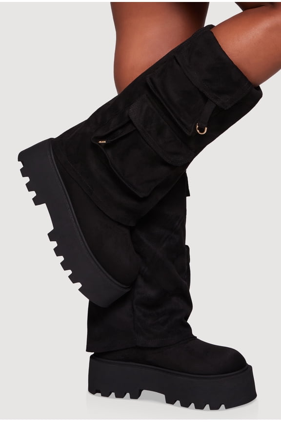 Women's Faux Suede Cargo Pocket Lug Sole Slouch Boots