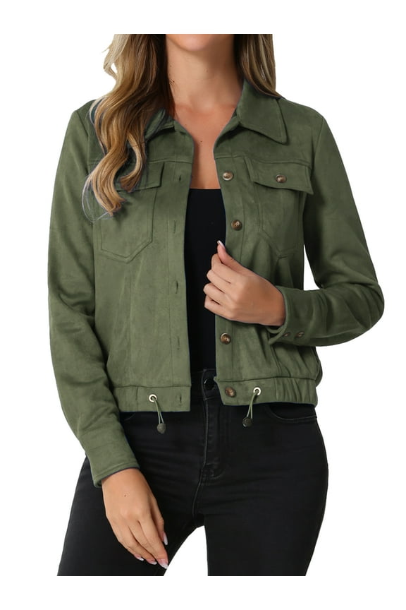 Women's Faux Suede Jacket Point Collar Button Down Cropped Sanded Moto Biker Coat XL Army Green