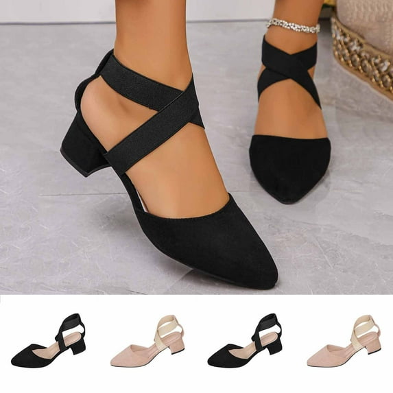 Women's Faux Suede Chunky Heel Sandals, Pointed Toe Elastic Strap Dress Shoes, Plus Size Comfortable Mid Heel Walking Shoes for Daily Wear