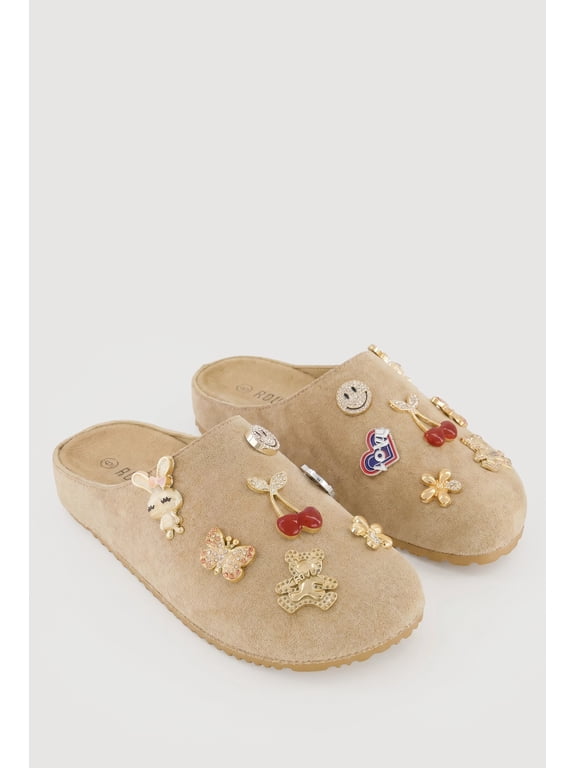 Women's Faux Suede Clog Mules with Charms